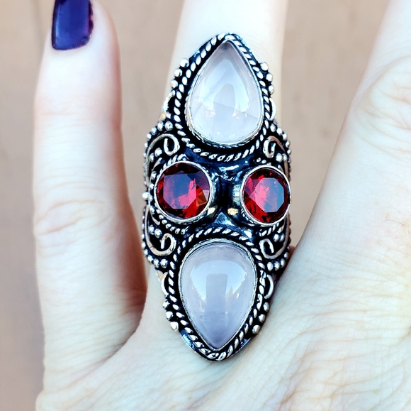 New Rose Quartz and Garnet 925 Silver Statement Ring. - Picture 9 of 15